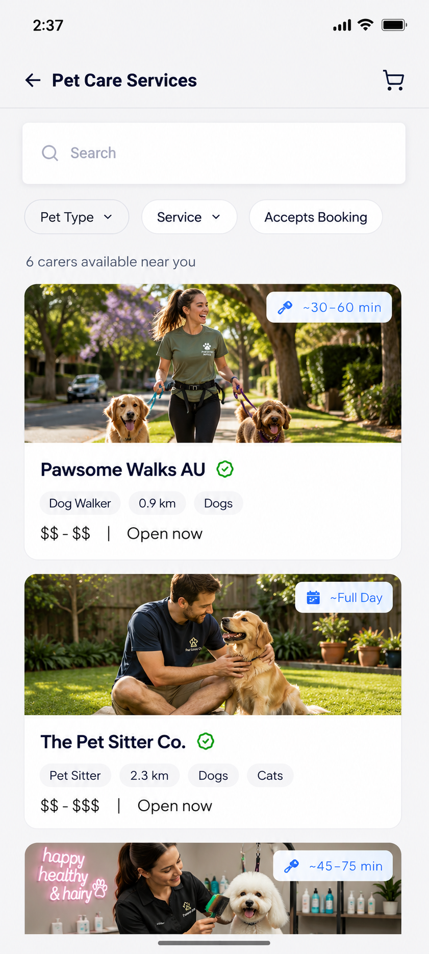 Pet Care app interface